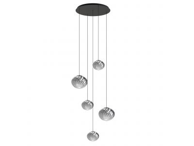 Suspension LED dimmable ETREROS 5 lumières avec télécommande verre strié fumé Ø18/24cm