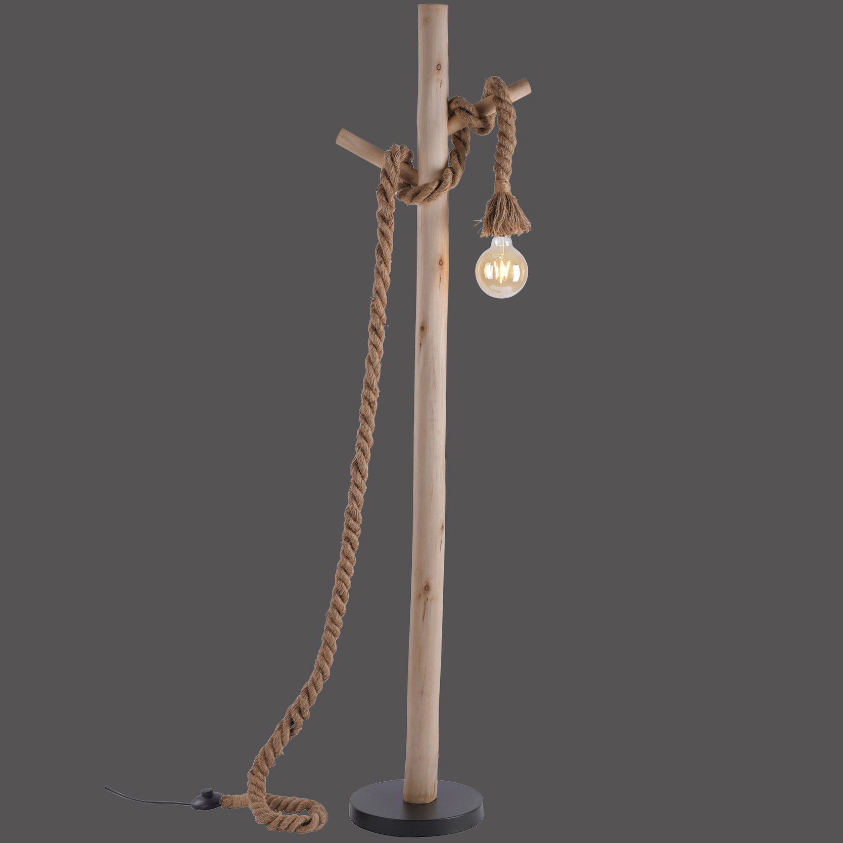 Lampadaire sur pied en bois,corde et métal noir, Osasy luminaire