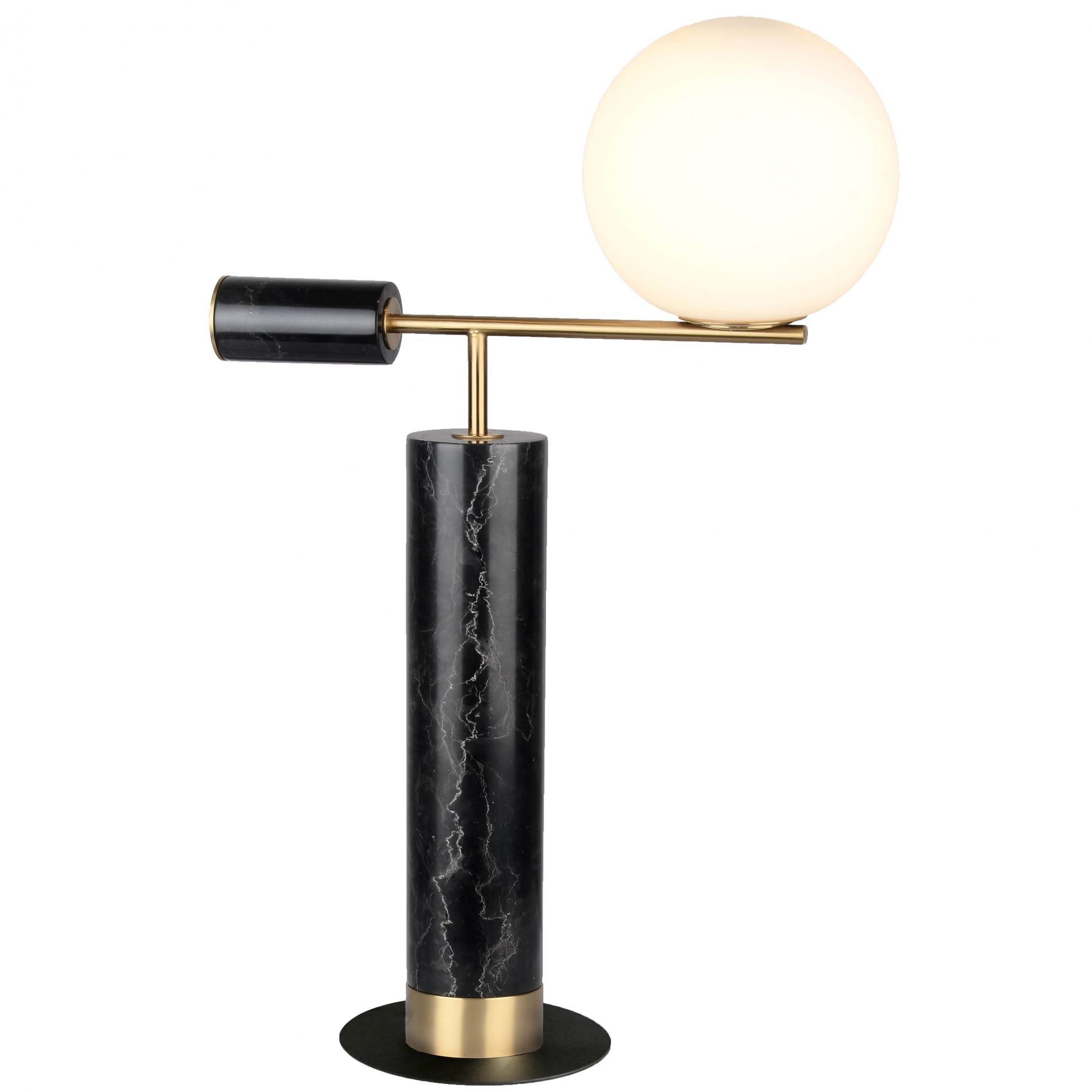 Lampe à poser LEXY (H60cm) en marbre noir, métal laiton et verre opale blanc