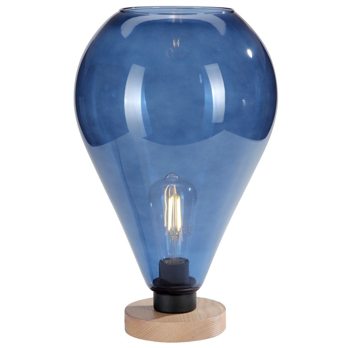 Lampe à poser CUBUS WOOD en bois naturel et verre bleu nuit - Keria et  Laurie Lumière