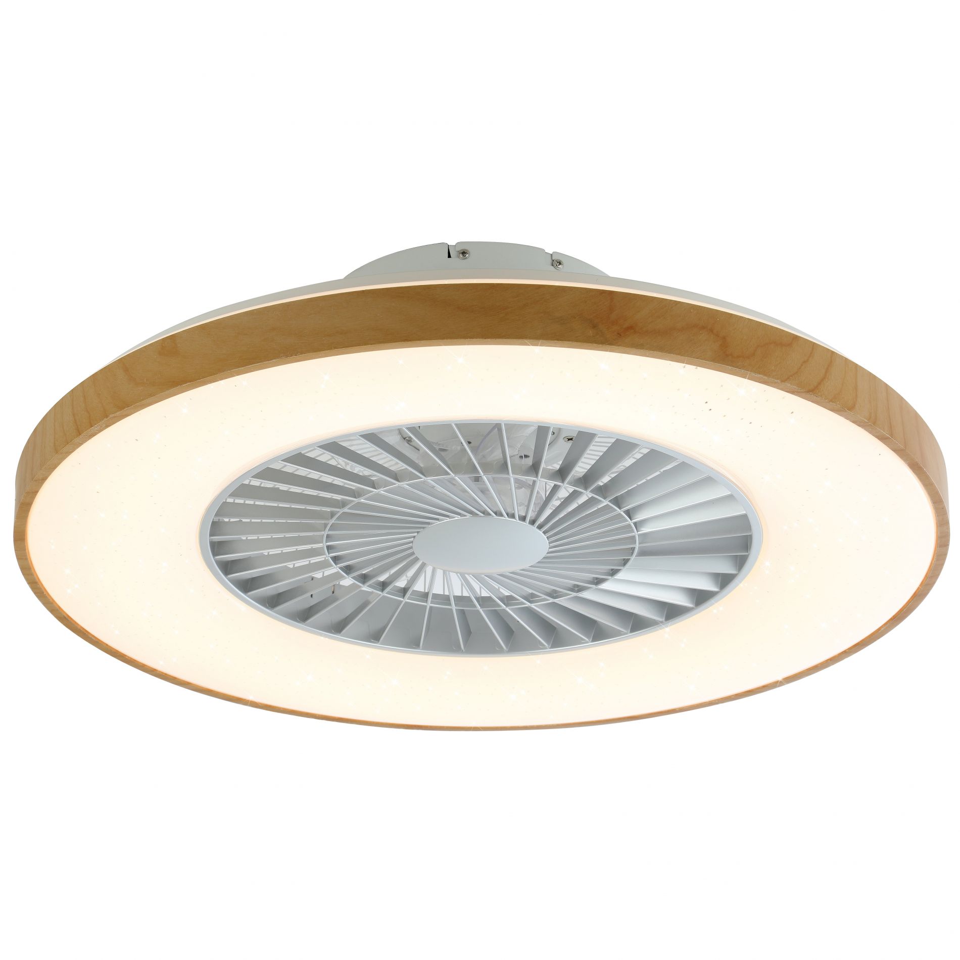 Ventilateur lumineux LED FREE (D60cm) en polycarbonate blanc et effet bois naturel
