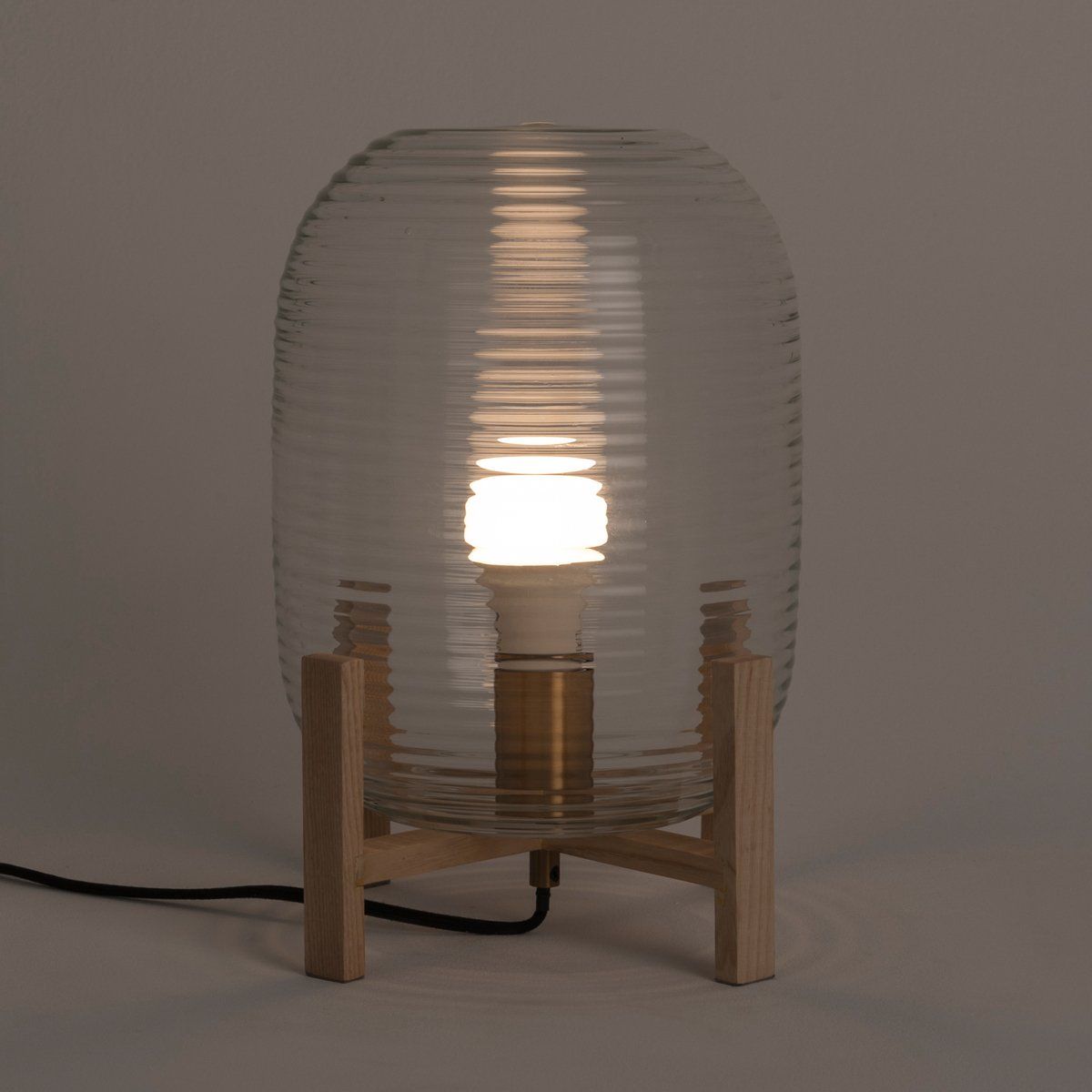 Lampe scandinave LUCIA en bois naturel, métal et verre