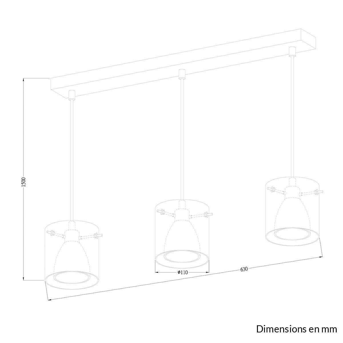 Suspension barre 3 lumières KOSY transparente en métal et verre