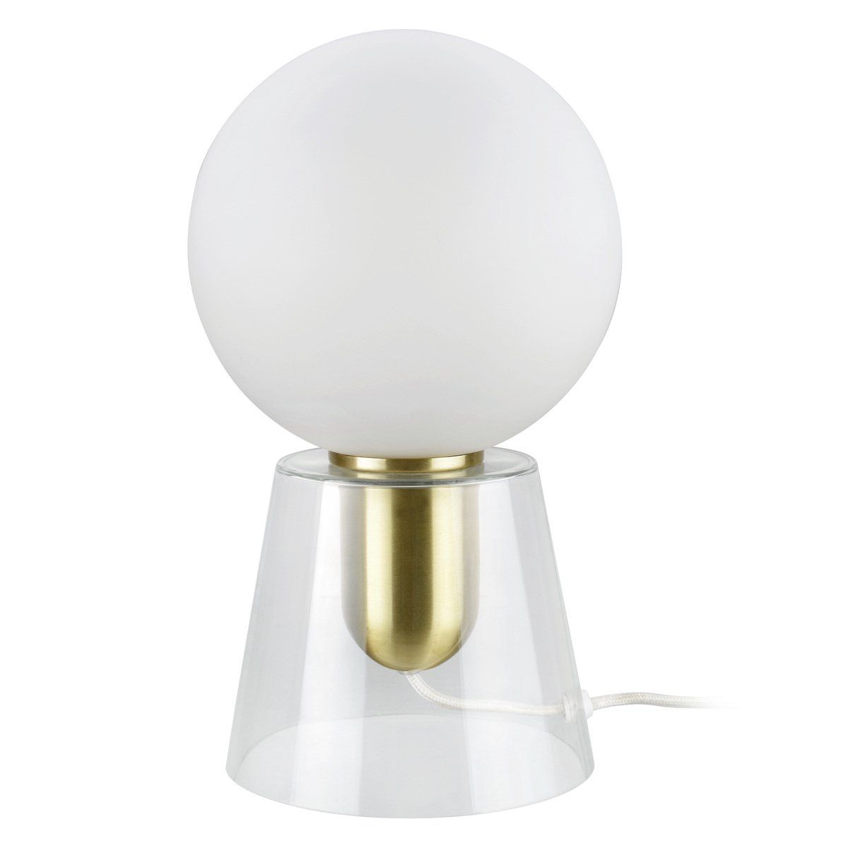 Lampe de salon METALY dorée et transparente en métal et verre blanc