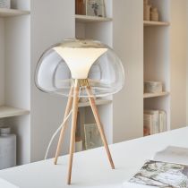 Lampe à poser WALLY en bois naturel et verre transparent