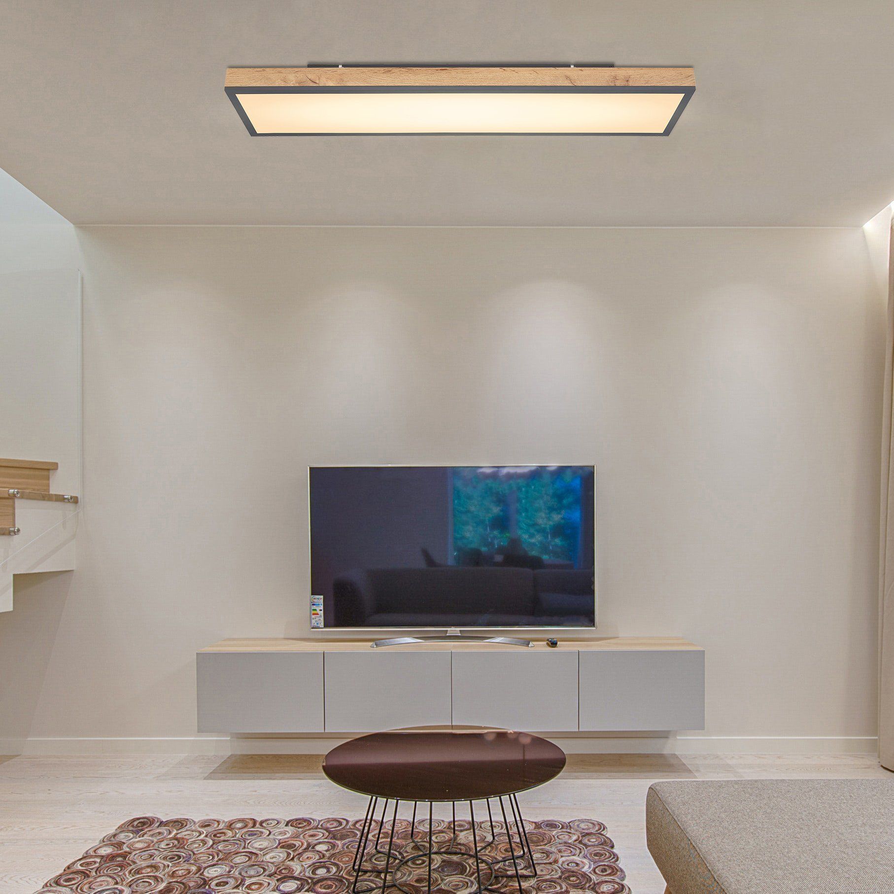 Plafonnier LED rectangulaire DORO (L120cm) en aluminium couleur graphite et bois MDF