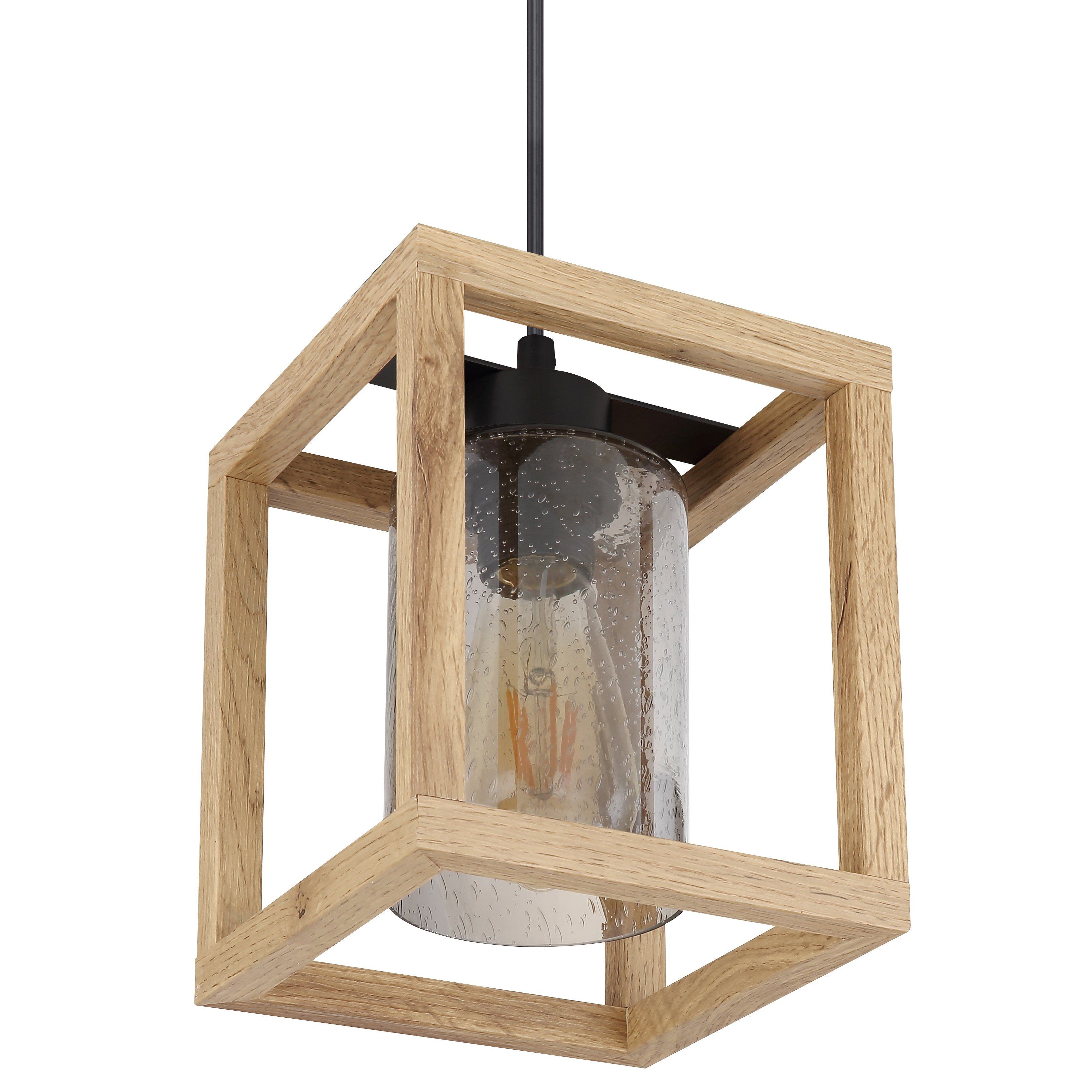 Suspension PETTEY en métal noir et bois MDF avec abat-jour en verre fumé