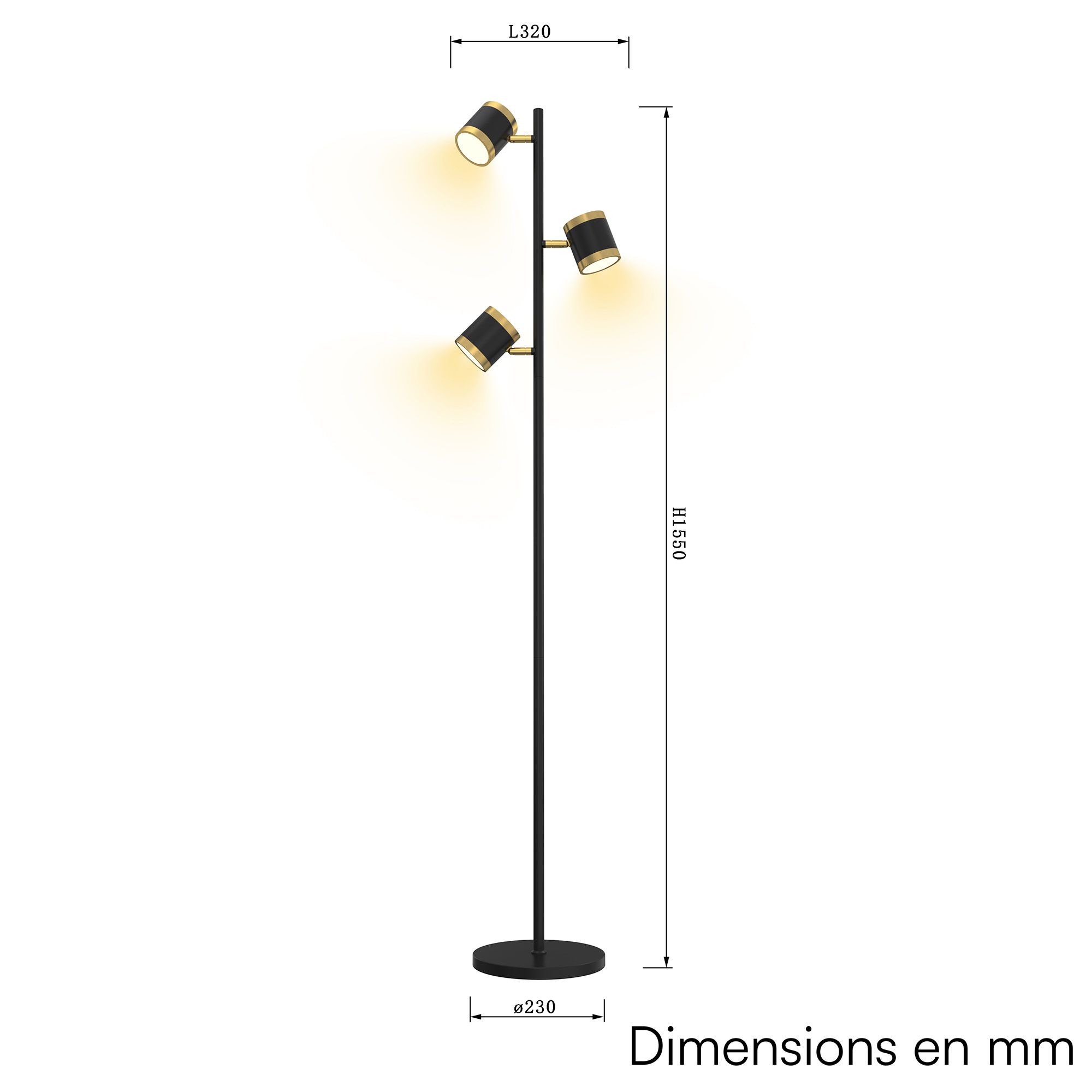 Lampadaire LED dimmable TOULOUSE noir/doré H153cm