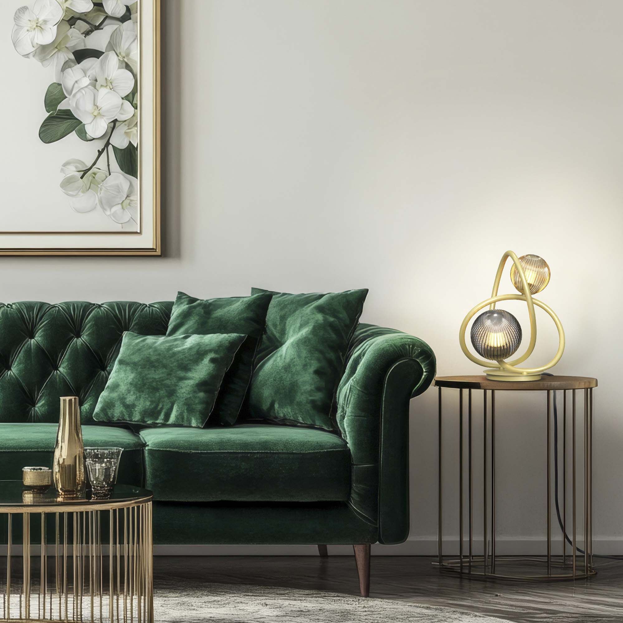 Lampe en métal doré et verreries ambres et smoky METZ G2 2X4W