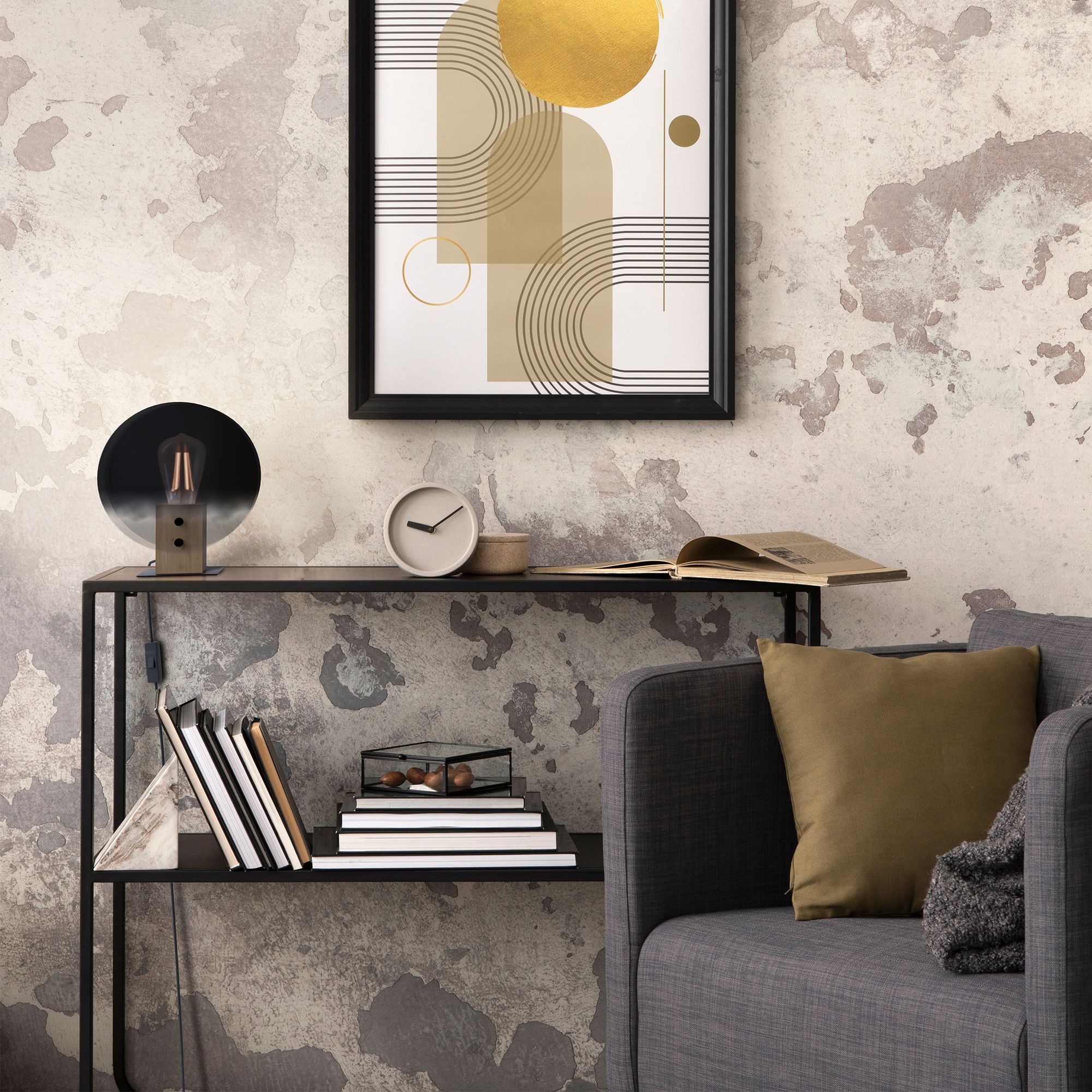 Lampe à poser MILLENA noir/bois/ verre Fumé H25cm