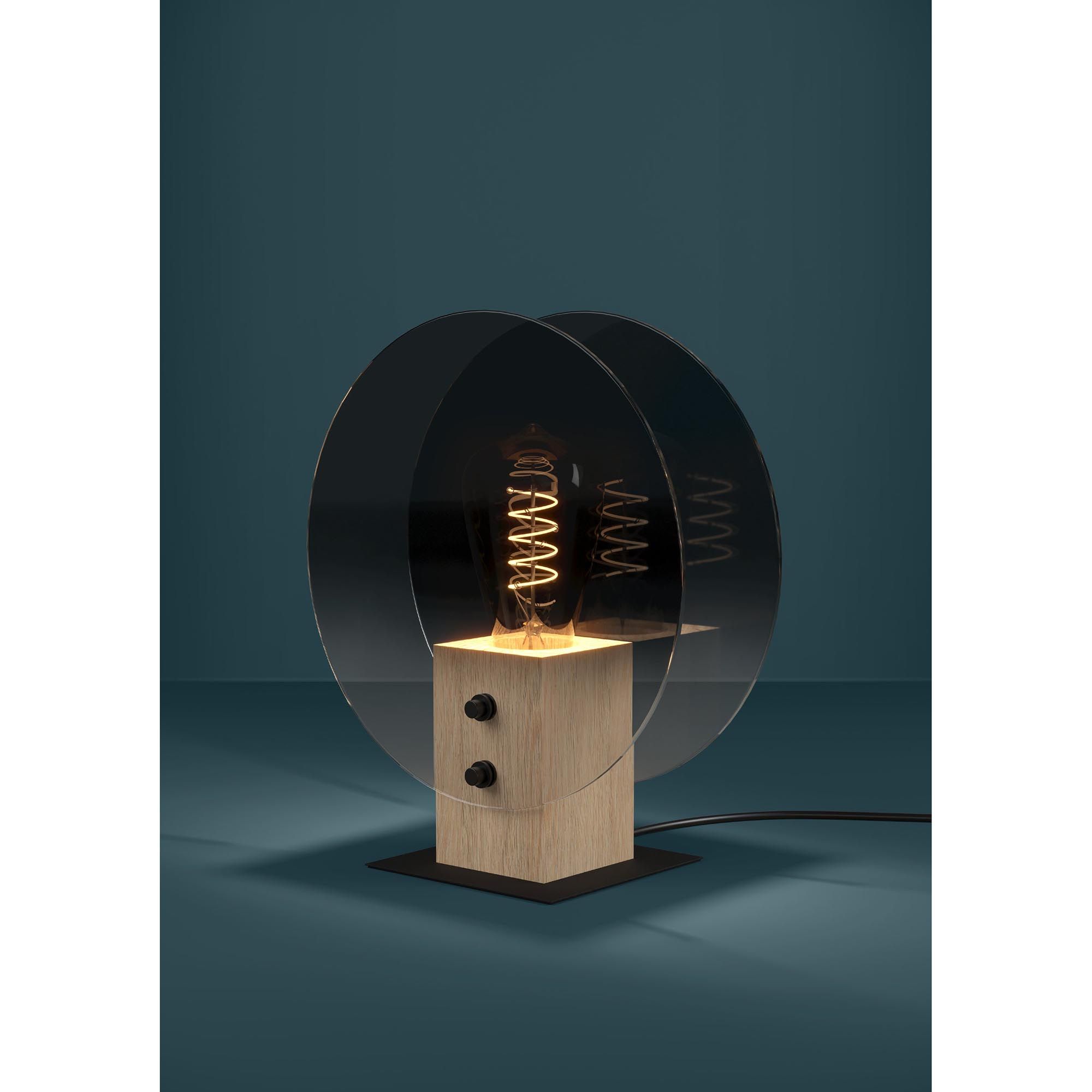 Lampe à poser MILLENA noir/bois/ verre Fumé H25cm