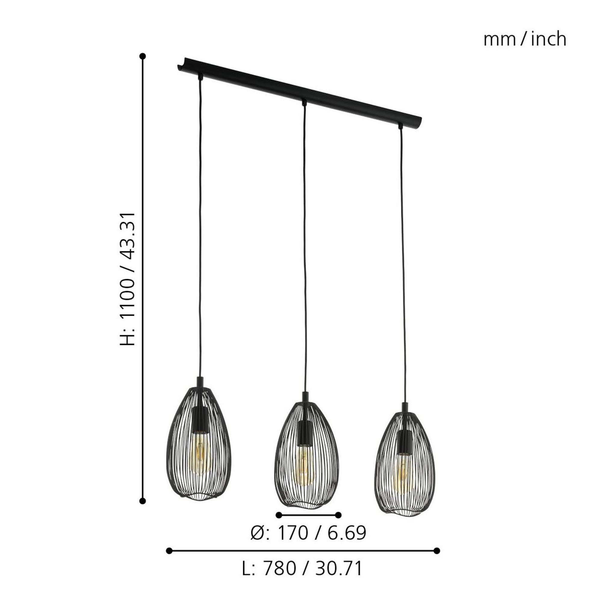 Suspension métal noir CLEVEDON E27 3X60W
