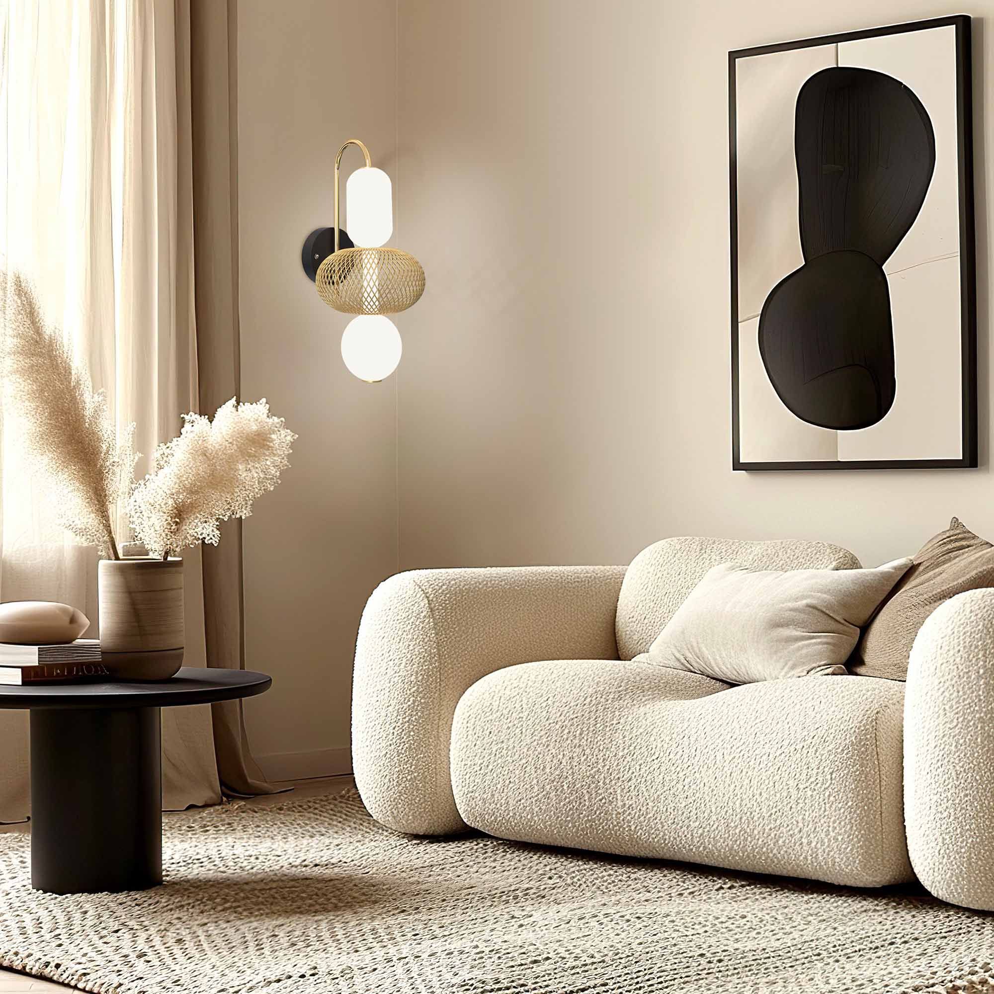 Applique murale LED dimmable ERCALTO noir/doré/verre opalin H48cm