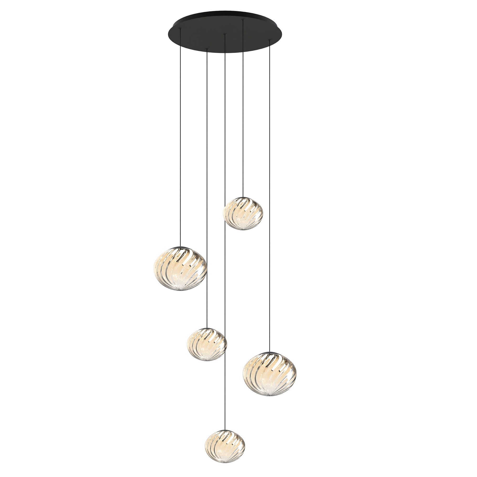 Suspension LED dimmable ETREROS 5 lumières avec télécommande verre strié ambré Ø18/24cm