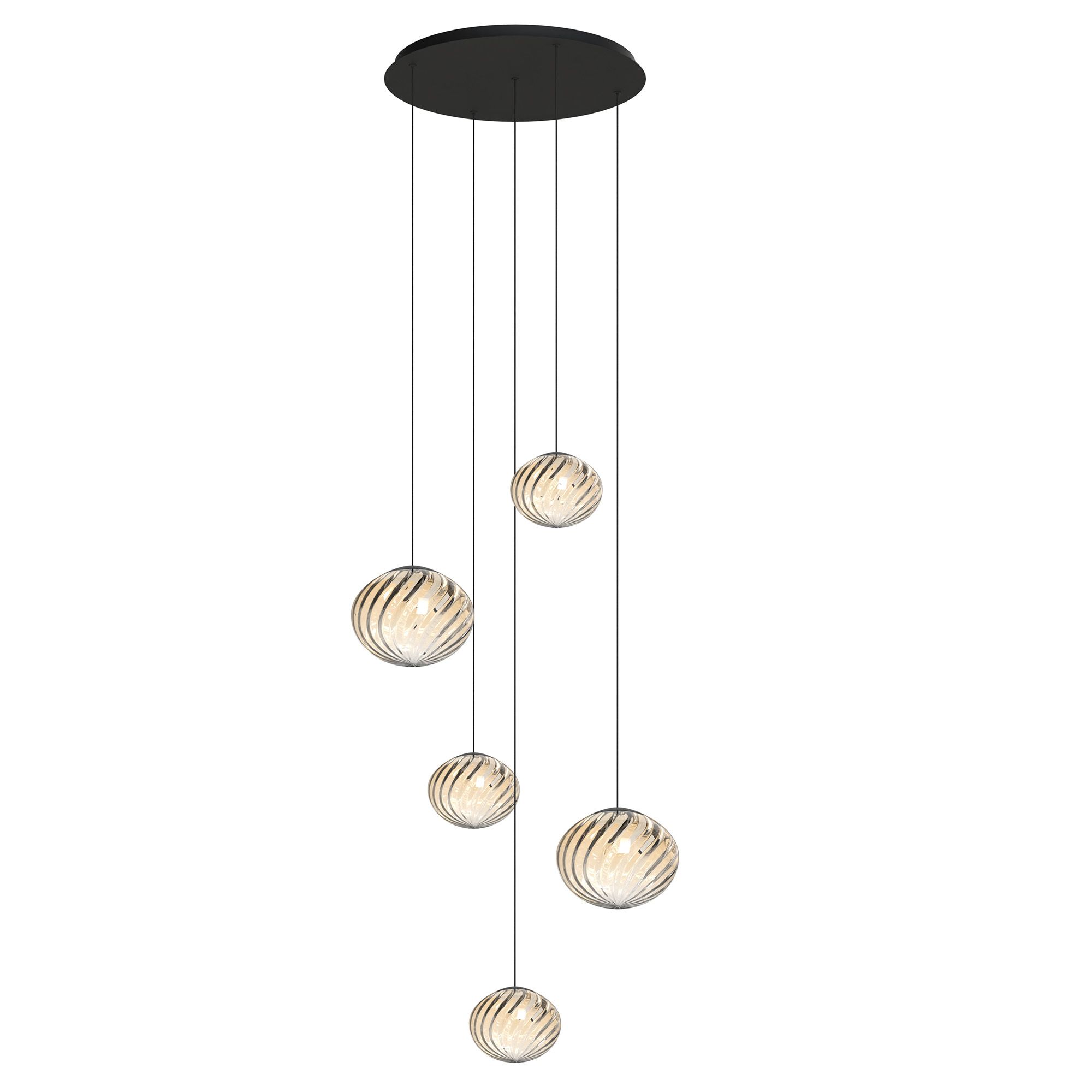 Suspension LED dimmable ETREROS 5 lumières avec télécommande verre strié ambré Ø18/24cm