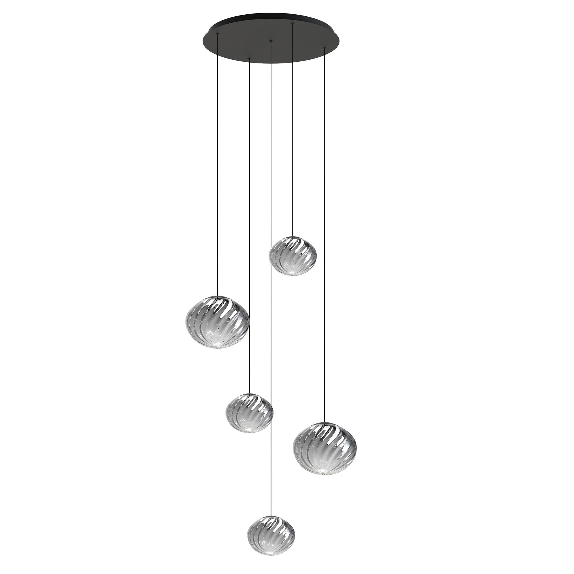 Suspension LED dimmable ETREROS 5 lumières avec télécommande verre strié fumé Ø18/24cm
