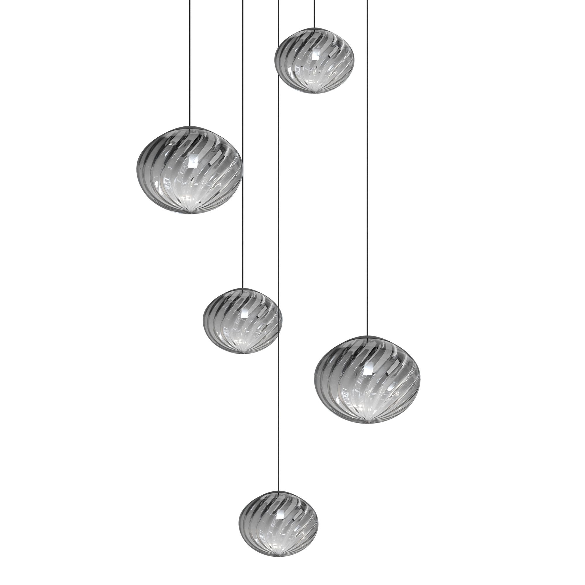 Suspension LED dimmable ETREROS 5 lumières avec télécommande verre strié fumé Ø18/24cm