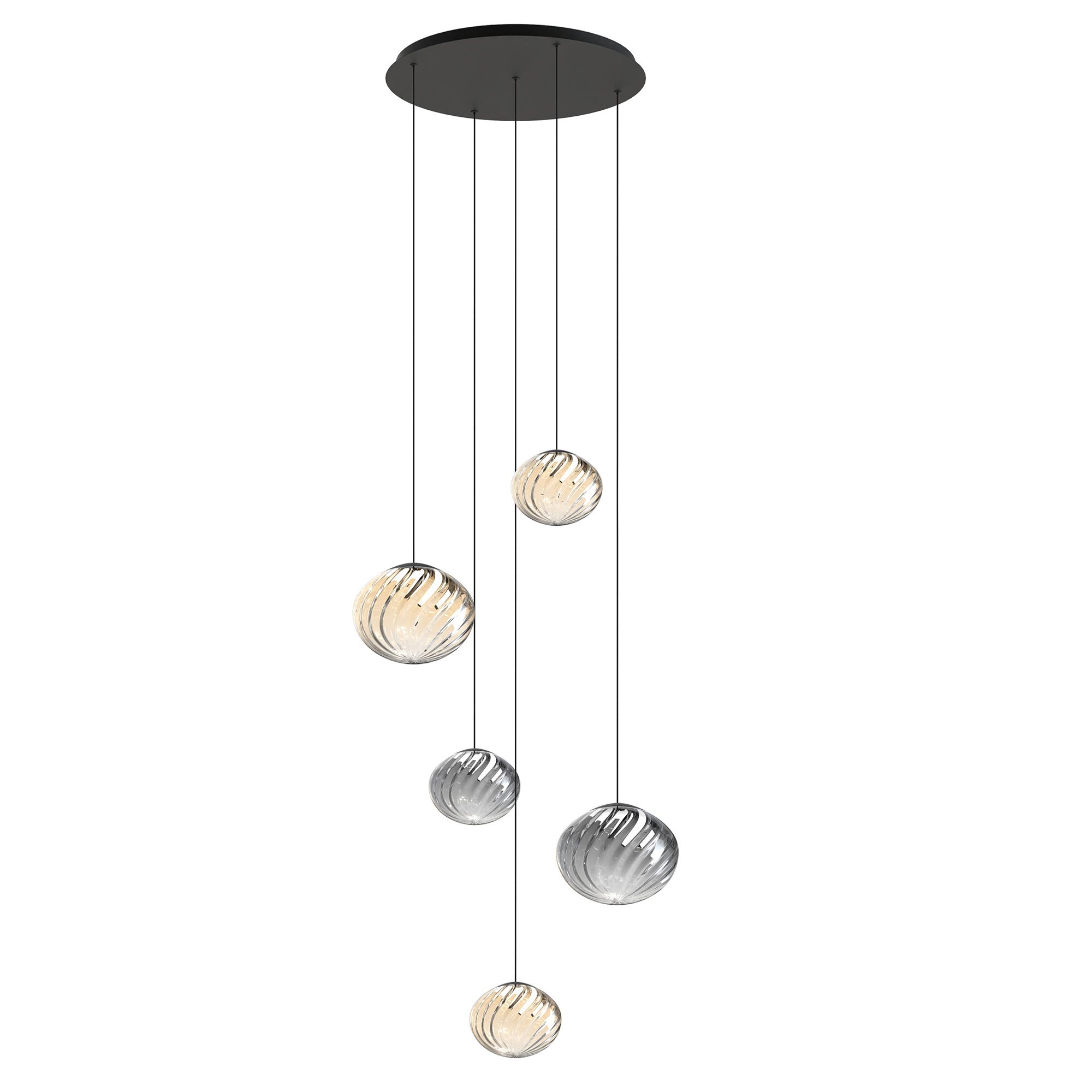 Suspension LED dimmable ETREROS 5 lumières avec télécommande verre strié ambré/fumé Ø18/24cm