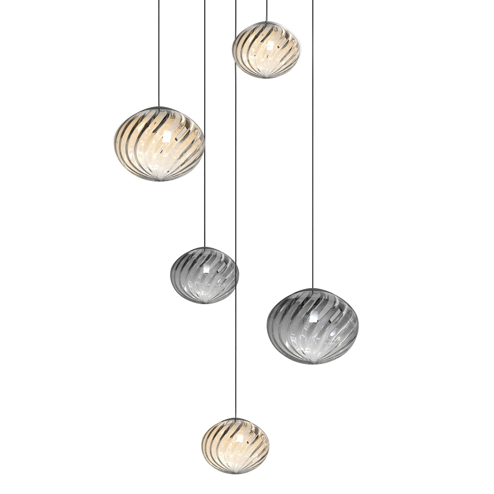 Suspension LED dimmable ETREROS 5 lumières avec télécommande verre strié ambré/fumé Ø18/24cm