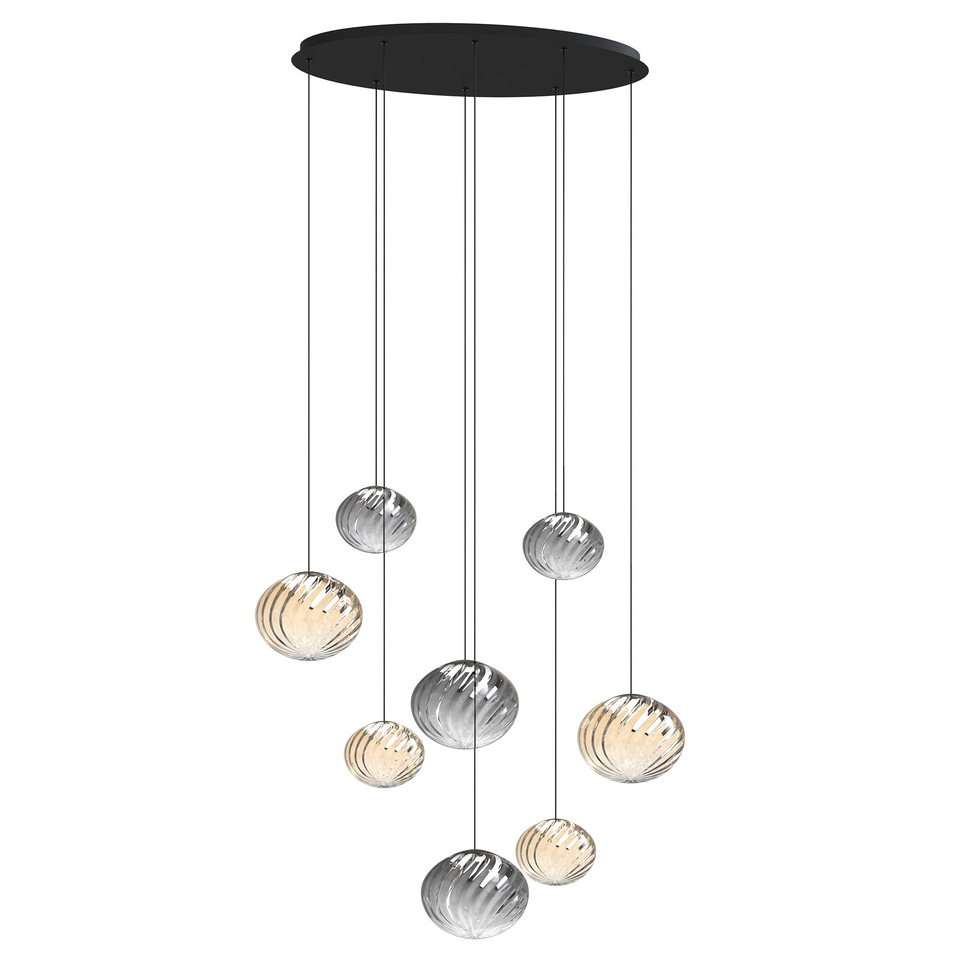 Suspension LED dimmable ETREROS 8 lumières avec télécommande verre strié fumé/ambré Ø18/24cm