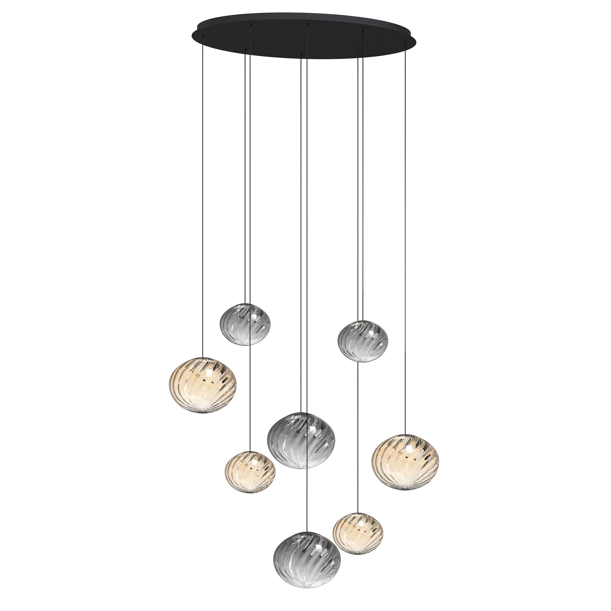 Suspension LED dimmable ETREROS 8 lumières avec télécommande verre strié fumé/ambré Ø18/24cm