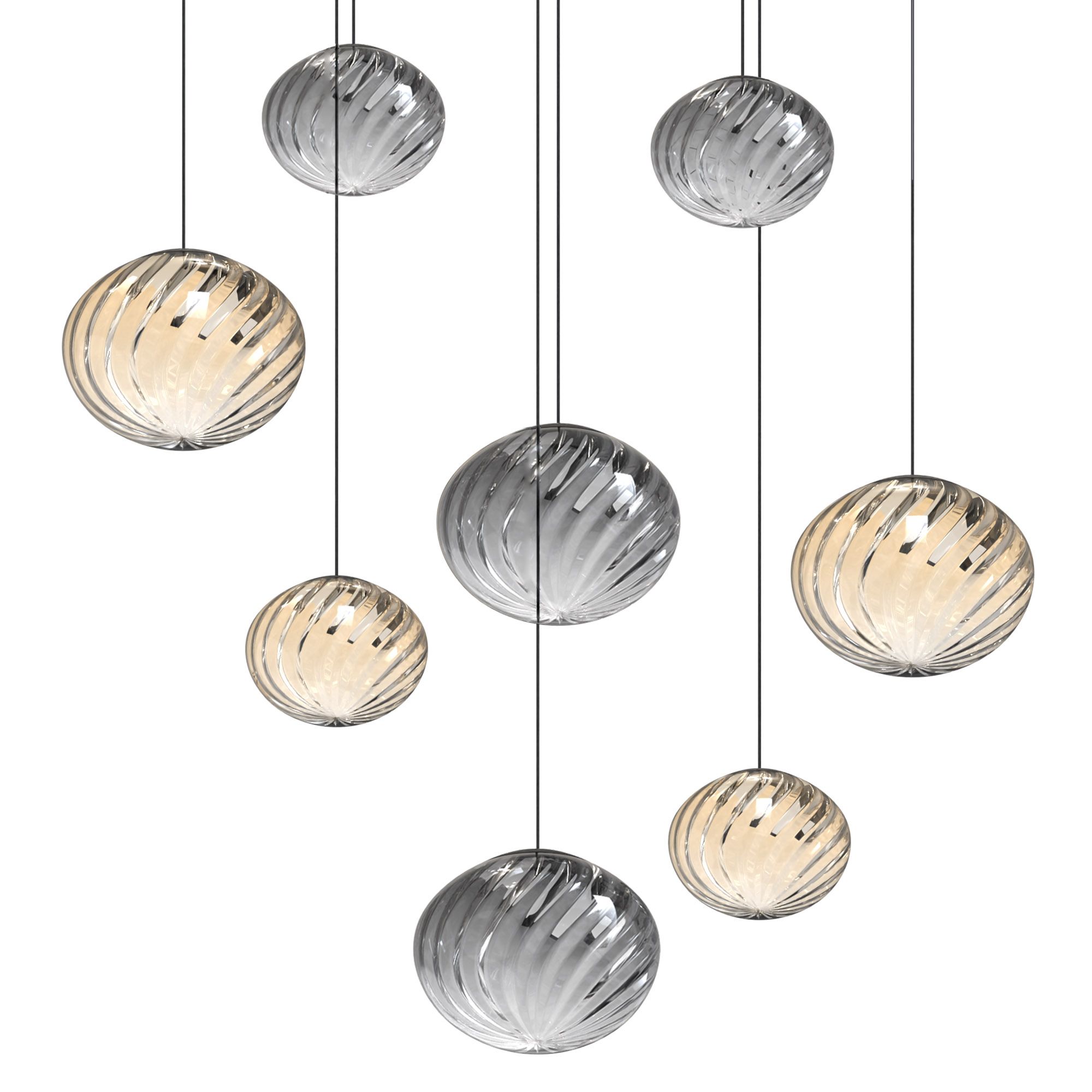 Suspension LED dimmable ETREROS 8 lumières avec télécommande verre strié fumé/ambré Ø18/24cm