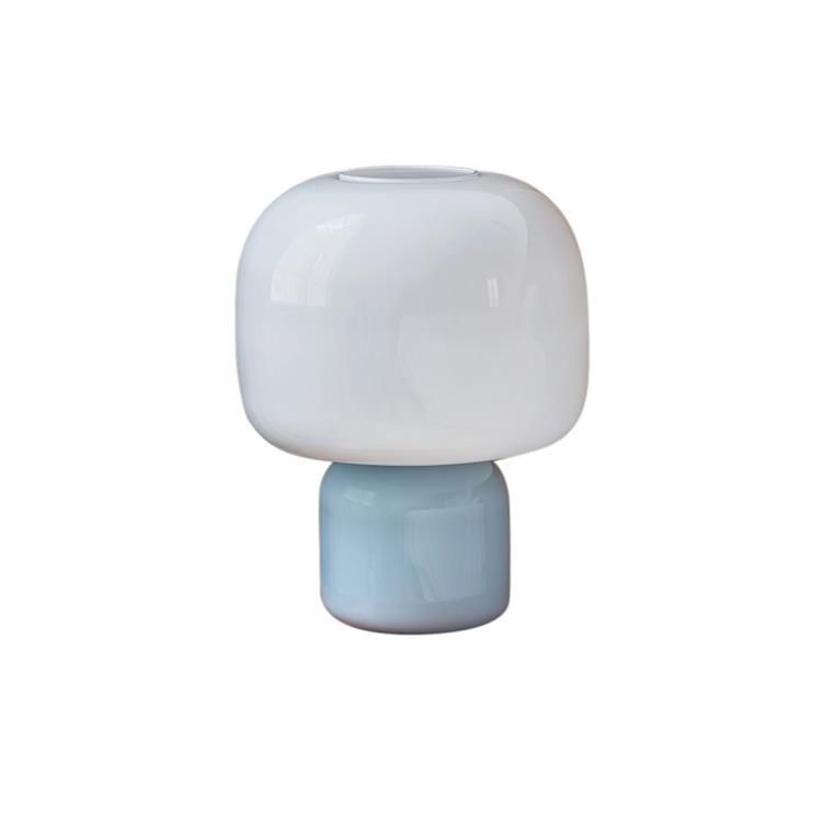 Lampe LOULOU verre teinté bleu et abat jour teintée blanc H30cm