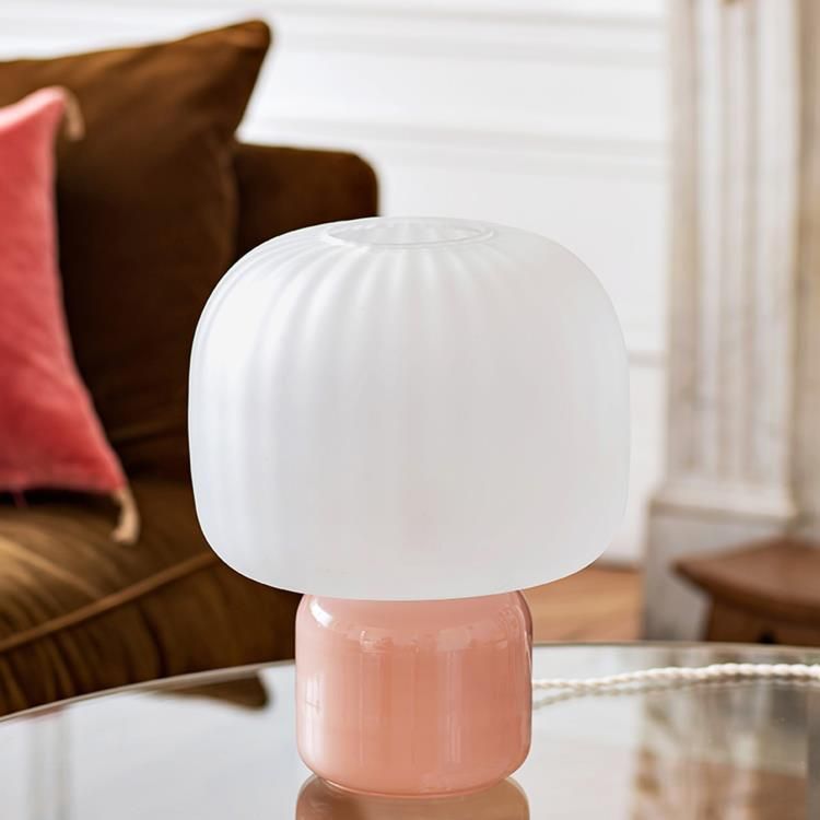 Lampe à poser LOULOU rose/abat-jour blanc opal verre teinté et dépoli H30cm