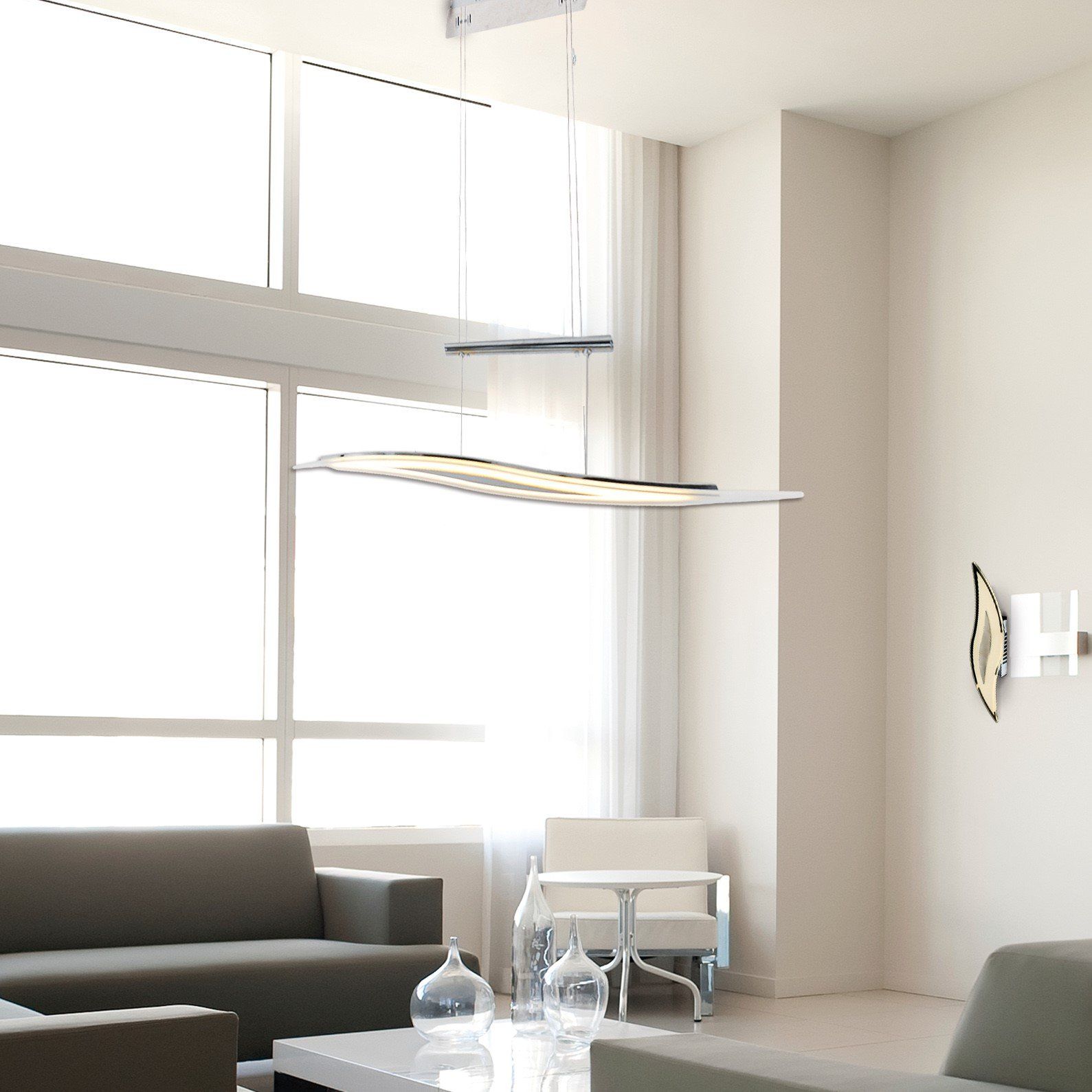 Suspension barre  Led dimmable WAVE argentée en métal et verre